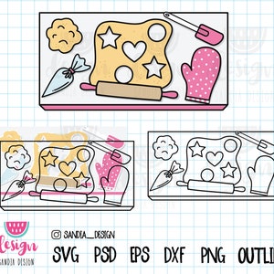 Puede incluir: Ilustración de dibujos animados de herramientas e ingredientes para hornear en una bandeja. Incluye un rodillo, masa para galletas con recortes de estrella y corazón, una espátula, un guante de horno rosa con lunares y una manga pastelera. También incluye el texto "SANDIA_DESIGN".