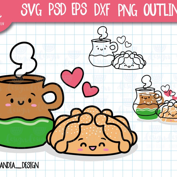 Cute couple Pan de muerto y chocolate, SVG, PNG, PSD, outline, Personal and Comercial use