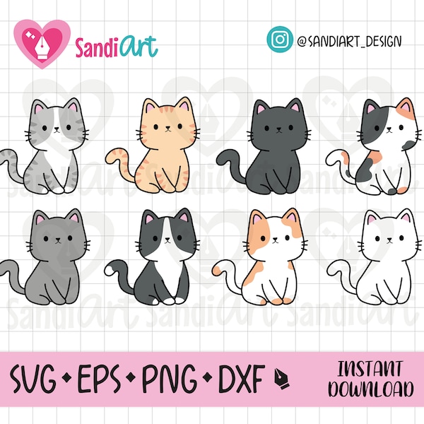 Cute Cats, Kawaii Kittens, SVG, EPS, PNG, Dxf, for Cricut, Silhouette, Sublimation, Personal and Commercial use