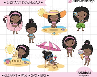 Sommer Strand Bundle Chibi Afro Clipart, PNG, SVG und EPS, persönliche und kommerzielle Nutzung