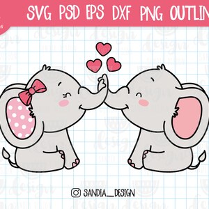 Doodle Elephans in love, St Valentines Elephant, SVG, PNG, Psd, DXF, Eps, outline, Cut file, personal and commercial use