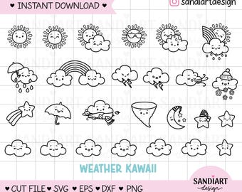 Doodle Kawaii Weather Clipart, PNG, SVG, DXF and Eps. Personal and Commercial use