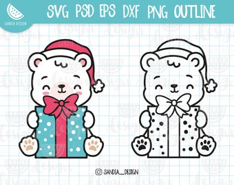 Christmas Bear with present, SVG, DXF, PNG, Psd, outline, personal and comercial use