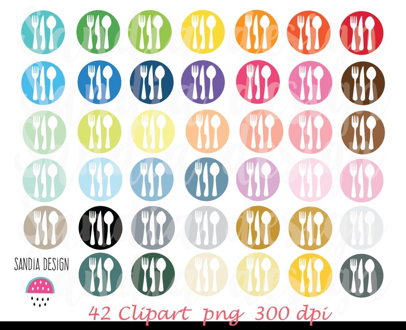 May include: A collection of 42 colorful clipart images featuring white silverware sets (fork, knife, and spoon) inside of a colored circle. The circles are in various colors, including blue, green, yellow, and pink. The text "SANDIA DESIGN" and "42 Clipart png 300 dpi" are at the bottom.