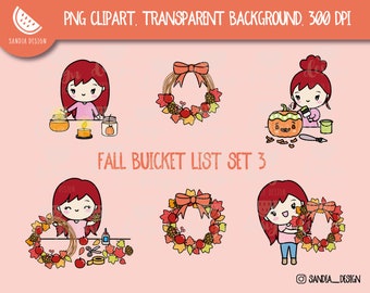 Redhead Fall Bucket List Set 3, Clipart, Autumn Chibi Girl, Personal and comercial use