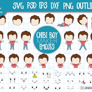 May include: A set of digital illustrations featuring a chibi boy character in various poses and expressions. The illustrations are designed for use in creating custom emojis and avatars. The set includes a variety of facial expressions, body poses, and accessories.