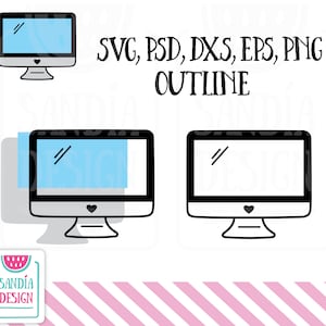 Könnte beinhalten: Schwarz-weiße Umrisszeichnung eines Computermonitors mit einem Herzen unten. Der Text "SVG, PSD, DXS, EPS, PNG OUTLINE" befindet sich über dem Bild.