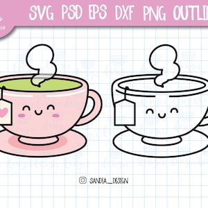 May include: A pink and white cartoon teacup with a smiling face and a heart-shaped tag. The teacup is filled with green tea and has steam coming from it. There is a black and white outline of the same teacup below it.