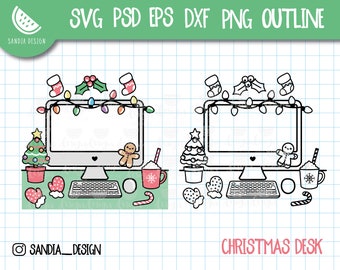 May include: A digital illustration of a Christmas-themed computer desk with a computer, keyboard, mouse, a gingerbread man, a Christmas tree, a mug of hot chocolate, and a candy cane. The computer screen has a garland of lights and holly on top. The desk is green and has a white grid pattern.