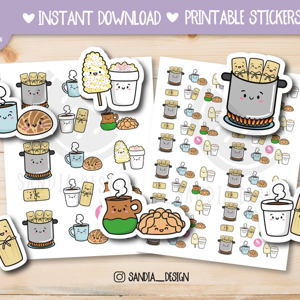 Tamales, Mexican food, stickers, Printable Stickers Sheet, Printable Planner Stickers. Doodle grocery bag, market stickers