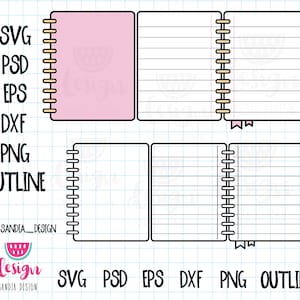 May include: A printable design for a notebook with a pink cover and lined pages. The design includes a spiral binding and a ribbon bookmark. The design is available in SVG, PSD, EPS, DXF, PNG, and outline formats.