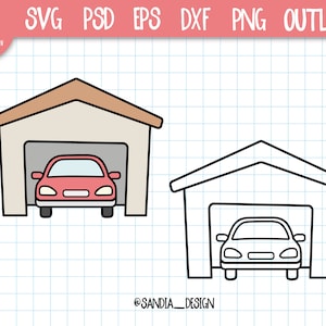 Puede incluir: Un dibujo en blanco y negro de un garaje con un coche en su interior. El garaje tiene un techo simple y una puerta abierta. El coche es un simple contorno con ruedas y un parabrisas.