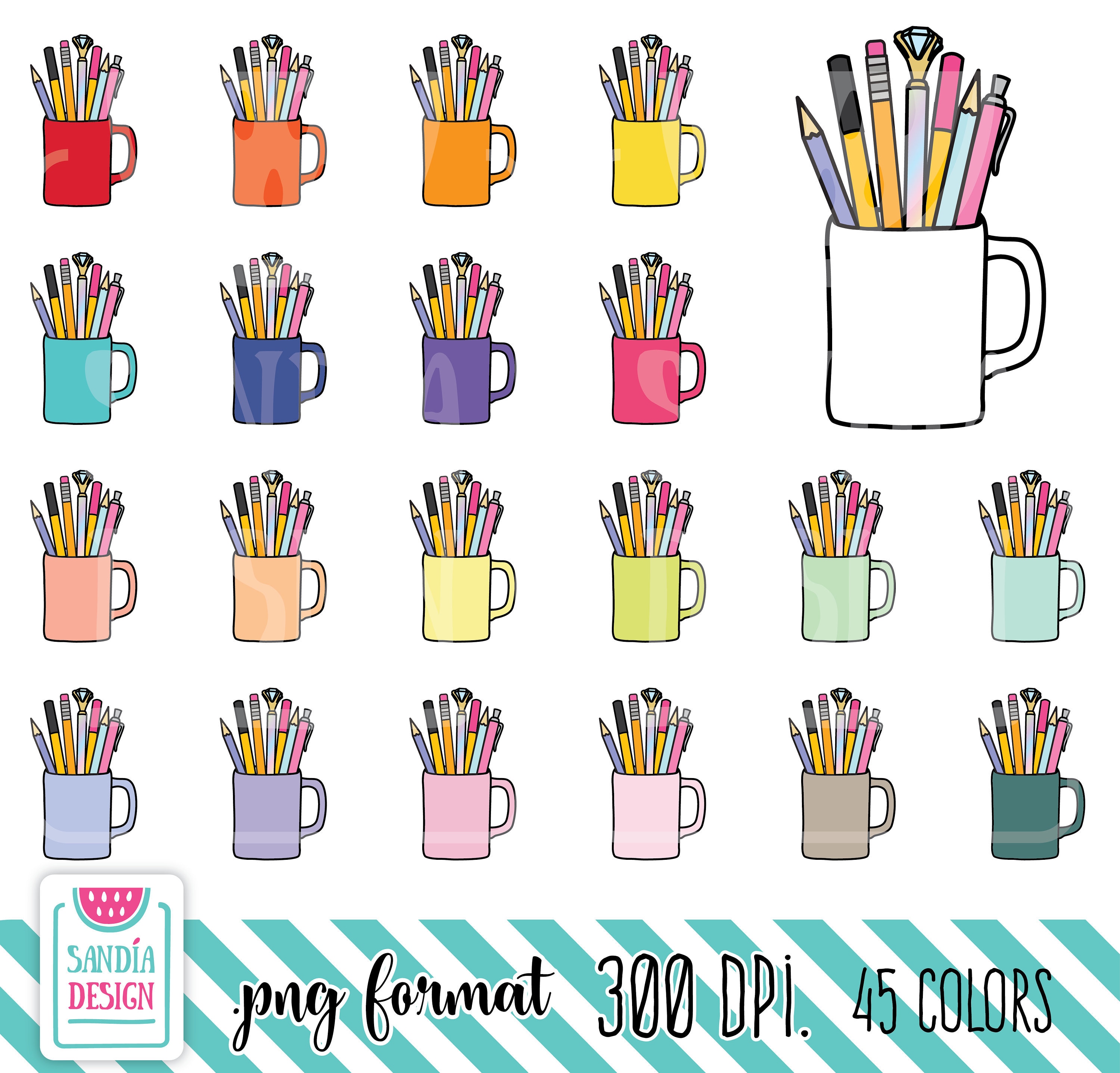 45 Doodle Cup with pens and pencils Clipart. Personal and Etsy