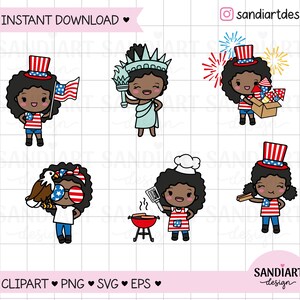 4 juli, Patriottisch, Chibi-meisje, Afro-meisje, Clipart, PNG, SVG en EPS. Persoonlijk en commercieel gebruik.