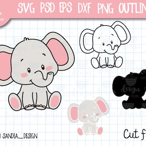 Puede incluir: Un archivo de corte digital de un lindo elefante de dibujos animados con orejas rosas y un cuerpo gris claro. El elefante está sentado con las piernas cruzadas y tiene una pequeña trompa. El archivo es para usar con una máquina de corte.