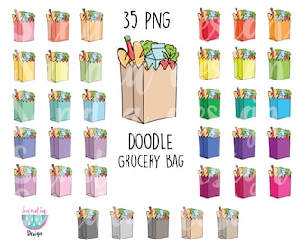 35 Doodle Grocery Bag Clipart. Personal and comercial use.