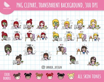 Chibi , chibi Work, Overworked, Stressed, Angry, Girls Bundle Clipart, all skin and hair tones. Chibi Girl. Personal and commercial use