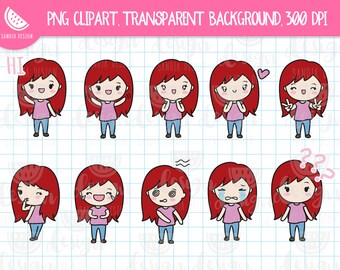 Chibi feelings, moods Girls Bundle Clipart, Redhead Chibi Girl.