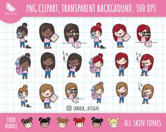 Chibi, Chibi Hobbies, Girls Bundle Clipart, all skin and hair tones. Chibi Girl. Personal and commercial use