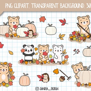Puede incluir: Un conjunto de nueve ilustraciones de temática otoñal con osos adorables, un panda, un erizo, calabazas y hojas de otoño. Las ilustraciones son perfectas para agregar un toque de fantasía a tus proyectos de otoño.