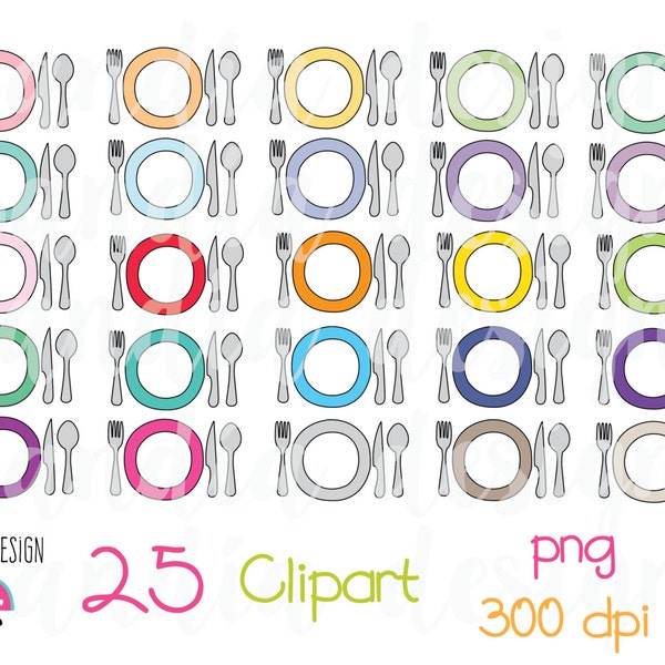 25 Doodle Cutlery Meal Clipart, Meal plan, fork, knife, spoon and plate clipart. Personal and comercial use.