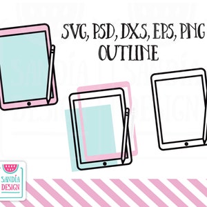 Puede incluir: Tres contornos de tabletas digitales con un lápiz. Las tabletas son de color rosa, azul y negro. El texto "SVG, PSD, DXS, EPS, PNG OUTLINE" está encima de las tabletas.