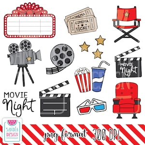 Puede incluir: Un conjunto de 10 imágenes digitales de clipart con temática de noche de cine. Las imágenes incluyen una cámara de cine, un rollo de película, palomitas de maíz, gafas 3D, una entrada de cine, una claqueta de director, un letrero de cine, una silla de cine roja y dos estrellas. El texto "Noche de cine" está incluido en el conjunto.