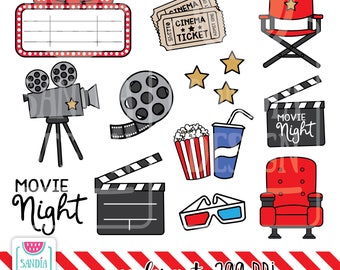 16 Doodle Movie Night Clipart. Movie Time Clipart. Personal and commercial use.