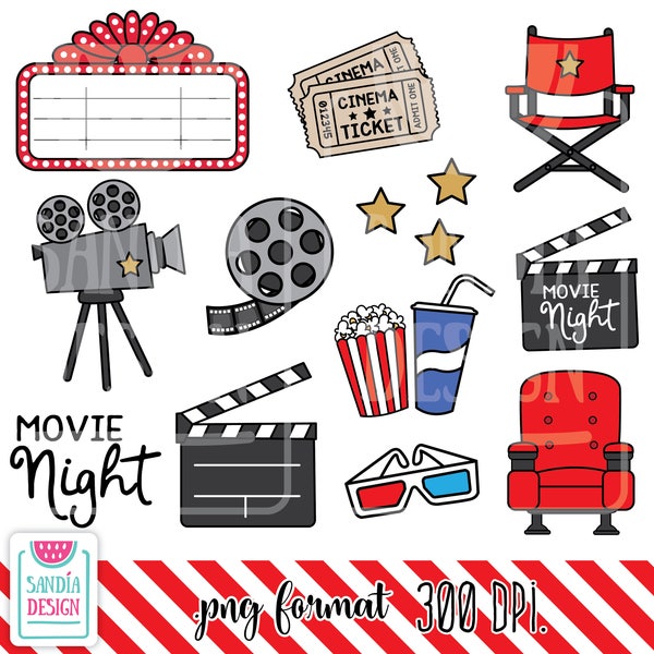 16 Doodle filmavond clipart. Film tijd clipart. Persoonlijk en commercieel gebruik.