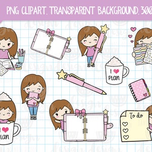 Puede incluir: Un conjunto de imágenes prediseñadas PNG con temática de planificador, con personajes de dibujos animados, cuadernos, bolígrafos y tazas de café. El clipart incluye el texto "I ♡ PLAN" en una taza y "To do" en un bloc de notas. Los diseños son en rosa, blanco y marrón.