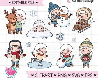 Winter Girl Clipart, Chibi girl, PNG, EPS, SVG, Personal and Commercial use.