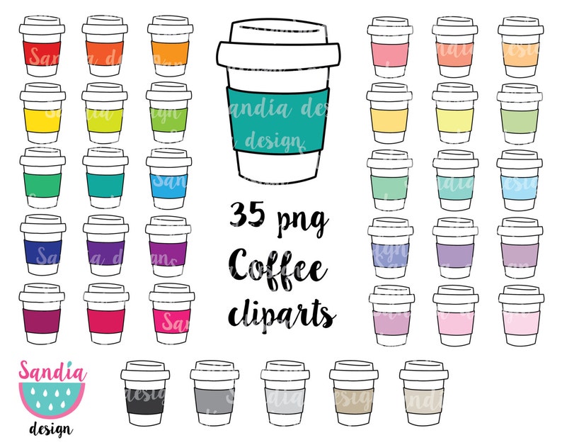 Puede incluir: Colecci&oacute;n de 35 cliparts de tazas de caf&eacute; con mangas de varios colores. Las tazas son blancas con contornos y tapas negras. Las mangas vienen en una variedad de colores, incluyendo rojo, naranja, amarillo, verde, azul, morado, rosa y gris. El texto incluye "Sandia design" y "35 png Coffee cliparts."