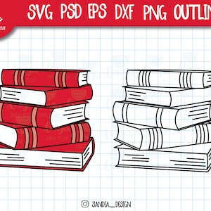 Puede incluir: Una pila de cinco libros rojos y blancos a rayas con contornos negros. Los libros están apilados uno encima del otro y están en un estilo de dibujos animados. Hay un contorno en blanco y negro de la misma pila de libros a la derecha.