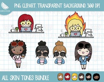 Boss Lady Clipart Bundle, all Skin Tones, Chibi Girl Clipart, 300 DPI