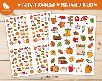 Printable Stickers Sheet, Printable Fall Stickers, Doodle Autumn Stickers, Doodle Stickers. For personal use.