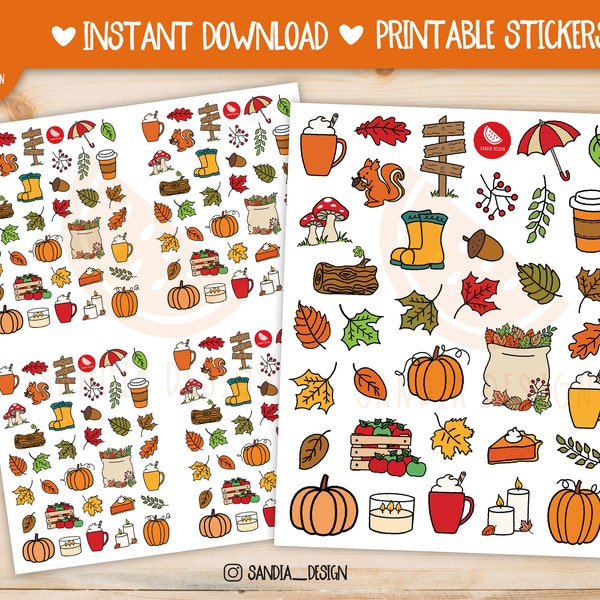 Printable Stickers Sheet, Printable Fall Stickers, Doodle Autumn Stickers, Doodle Stickers. For personal use.