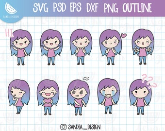 May include: Set of ten digital illustrations of a cartoon girl with purple hair and blue eyes. The girl is shown in different poses and expressions, including waving, smiling, crying, and confused. The illustrations are in a cartoon style and are perfect for use in digital projects.
