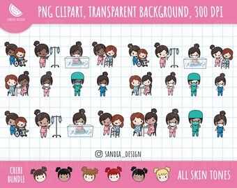Chibi, Nurse, Girls Bundle Clipart, all skin and hair tones. Chibi Girl. Personal and commercial use