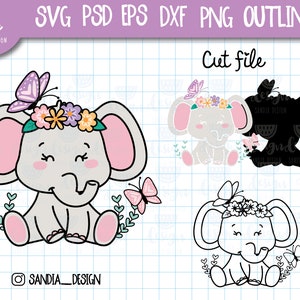 Puede incluir: Un elefante gris con orejas y pies rosas, que lleva una corona de flores y una mariposa en la cabeza. El elefante está sentado en una hoja verde con dos mariposas a cada lado. La imagen está en estilo de dibujos animados.