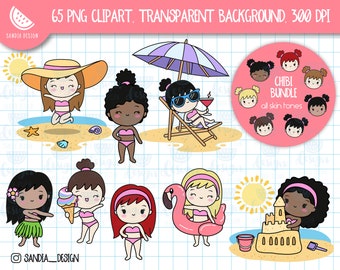 65 Summer Beach Clip arts, Hello Summer Bundle Clipart, Chibi character, 7 different hair and skin styles. Personal and commercial use