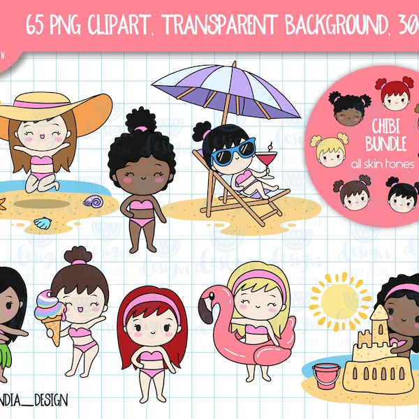 65 Summer Beach Clip arts, Hello Summer Bundle Clipart, Chibi character, 7 different hair and skin styles. Personal and comercial use