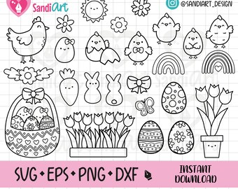 Ostern Kawaii OUTLINE, Bearbeitbare Dateien, SVG, EPS, png, Dxf, Kommerzielle Nutzung
