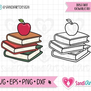 Puede incluir: Ilustración digital de dos pilas de libros, cada una coronada con una manzana. Una pila está coloreada con libros marrones, rojos y verdes, y una manzana roja. La otra pila es un contorno en blanco y negro. El texto incluye "Instant Download" y "SVG • EPS • PNG • DXF".