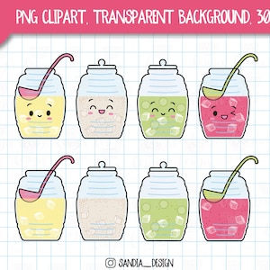 Kawaii Mexicaanse zoetwater clipart, Aguas fresco's clipart, Agua de horchata, Jamaica, ananas, citroen. Persoonlijk en commercieel gebruik