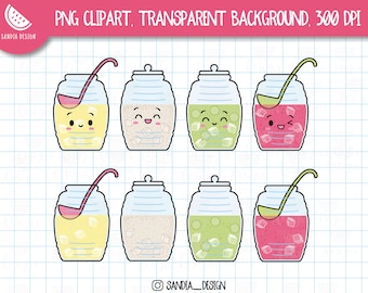 Kawaii Mexican Fresh waters Clipart, Aguas frescoes Clipart, Agua de horchata, Jamaica, Pineapple, lemon. Personal and commercial use