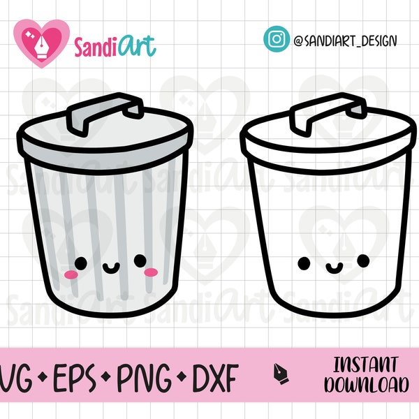 Cute Kawaii Trash Can, Editable files, SVG, EPS, PNG, Dxf, Outline, Commercial use