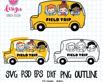 Doodle Field Trip Bus, SVG, PNG, PSD, outline, personal and comercial use