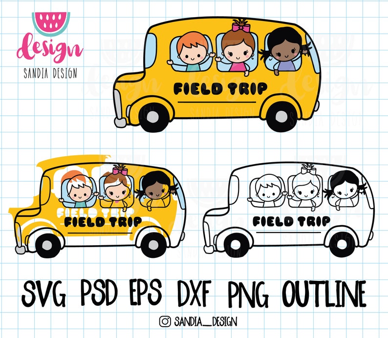 Doodle Field Trip Bus, SVG, PNG, PSD, outline, personal and comercial use image 1