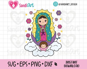 Mexikanische Jungfrau, katholisch, Virgencita Clipart, SVG, EPS, PNG, Dxf, für Cricut, Silhouette, Sublimation, persönliche und kommerzielle Nutzung