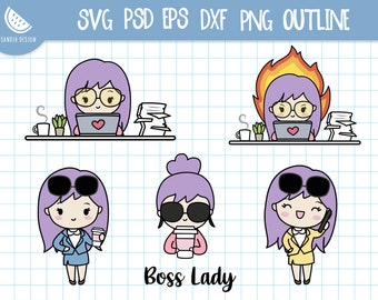 Boss Lady, Clip art, Chibi girl, SVG, png, PSD, dxf, EPS, Personal and Commercial use.